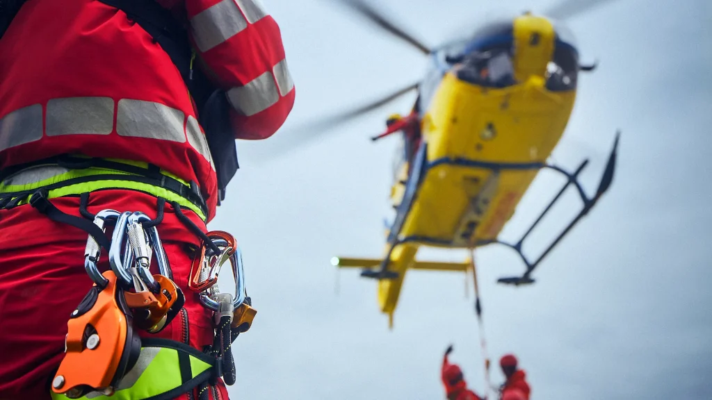 Eine Person in roter Schutzkleidung mit Kletterausrüstung steht im Vordergrund, während im Hintergrund ein gelber Hubschrauber schwebt und eine Rettungsaktion durchführt.