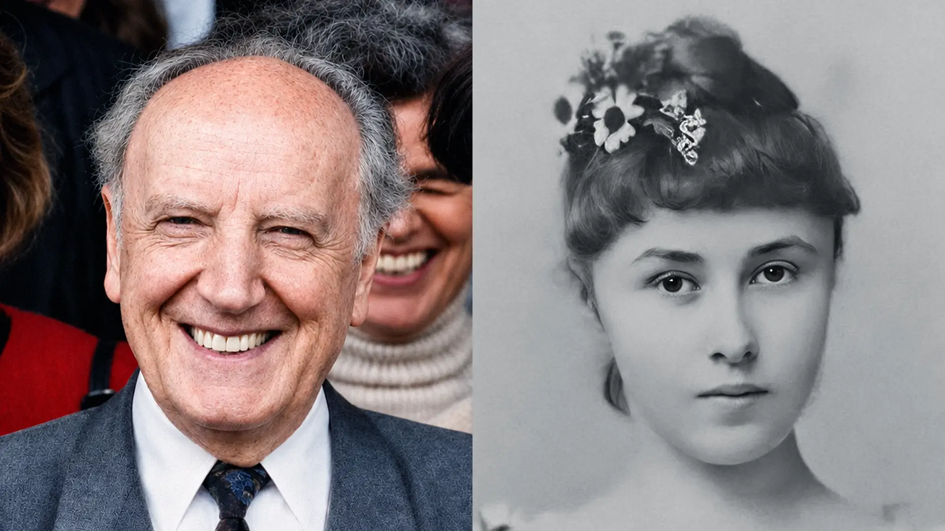 Ein lächelnder Herr in Anzug und Krawatte steht vor einer Gruppe von Menschen neben einem historischen Schwarz-Weiß-Porträt einer Person mit hochgestecktem Haar und Blumen im Haar.